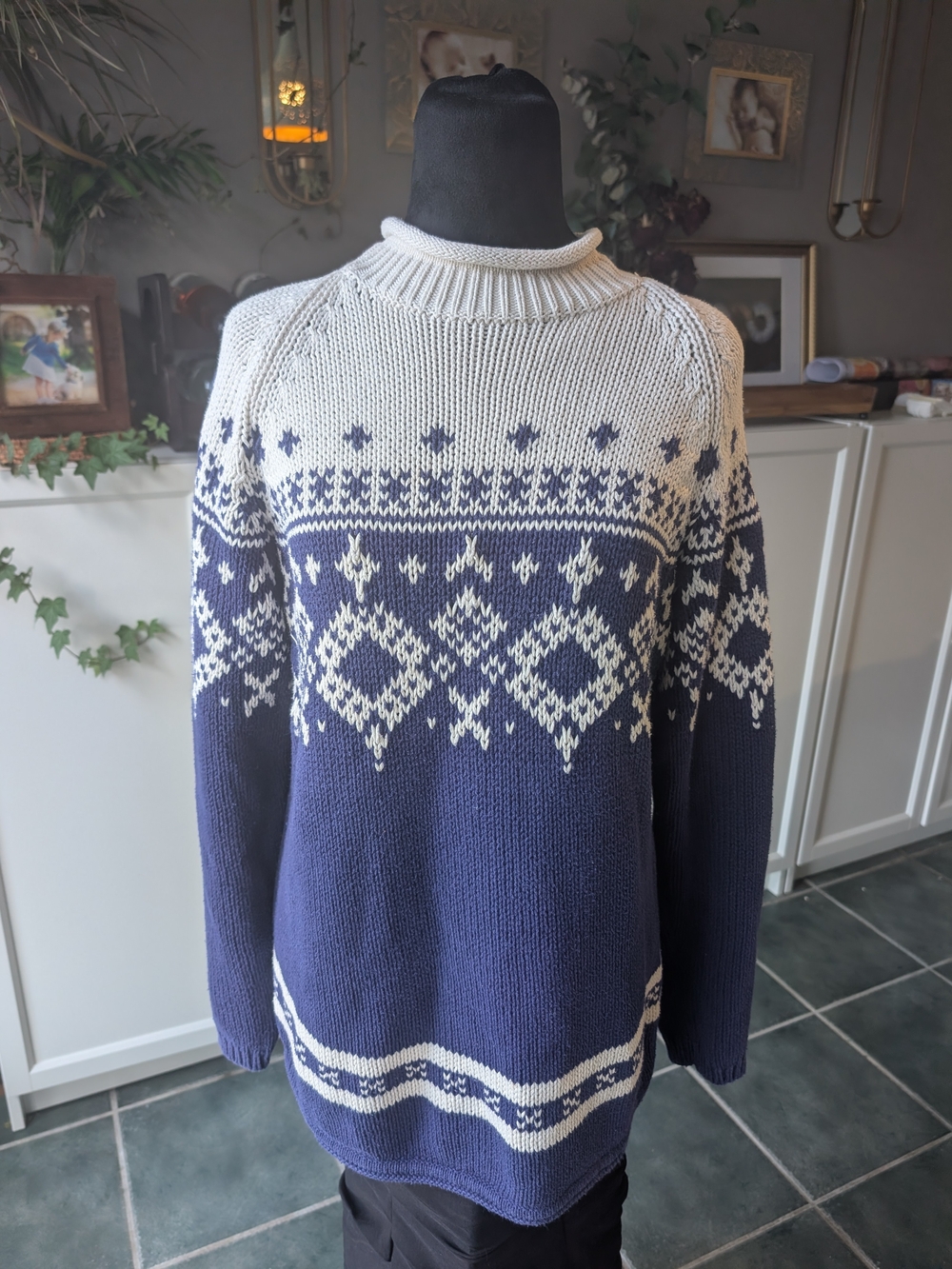 Vintage Eddie Bauer Roll Neck Sweater Womens L Blue Fair Isle Ski Hong Kong 90s